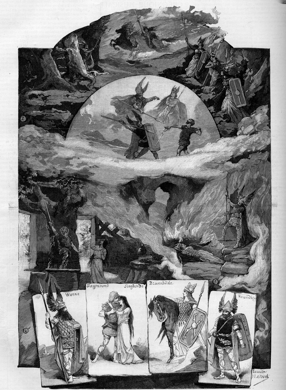 Theaterstück „Die Walküre“, Drama von Richard Wagner (1813-1883), aufgeführt im Théâtre de la Monnaie in Brüssel. Gravur in „Le Monde illustré“ von Unknown artist
