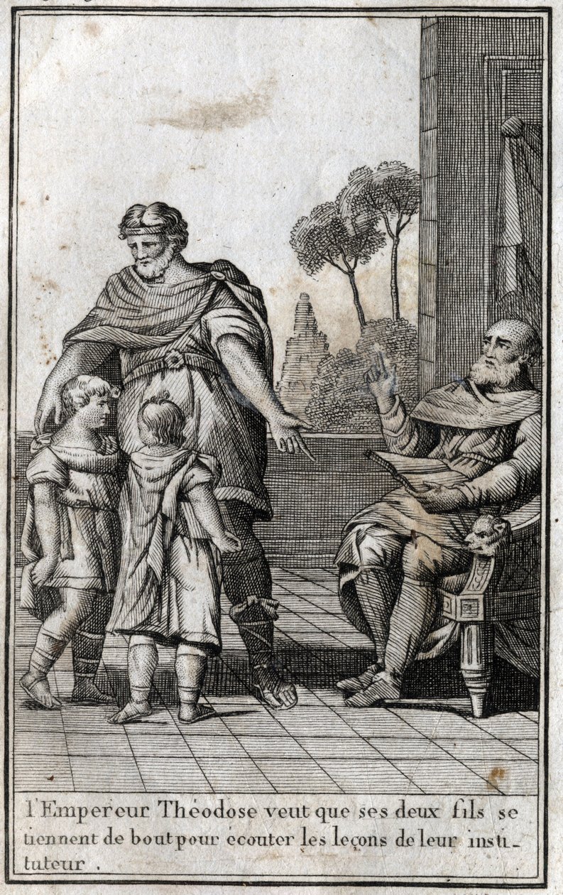 Theodosius I., römischer Kaiser, möchte, dass seine beiden Söhne, Arcadius und Honorius, aufstehen, um den Lektionen ihres Lehrers zuzuhören. 4. Jahrhundert. Gravur in „Beaute de l