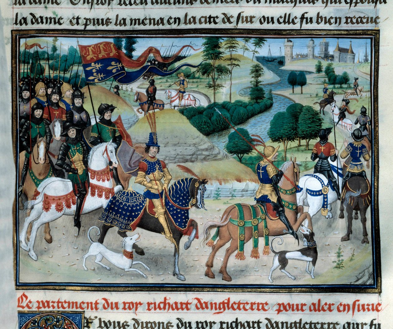 Dritter Kreuzzug: Richard Löwenherz (oder Richard I. von England (1157-1199)) segelte im Juni 1191 ins Heilige Land beim Aufbruch von Zypern. Miniatur aus „Chroniken der Kaiser“ von Loyset Liedet (1420-1479) 15. Jahrhundert. Paris, Bibliothek des Arsenal von Unknown artist