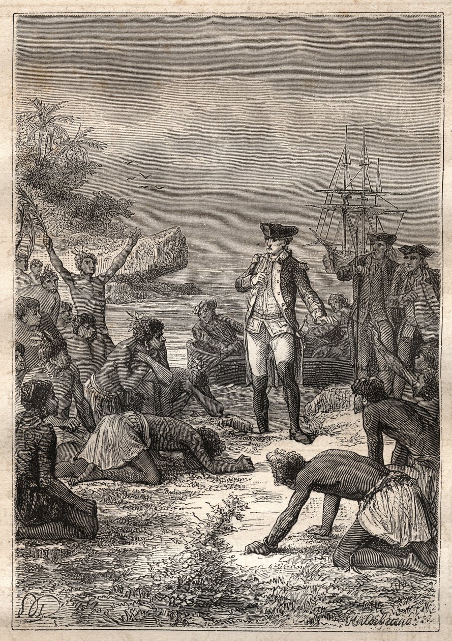 Dritte Reise (1776-1779) von Kapitän James Cook (1728-1779): Cook wird von den Eingeborenen (Hawaii) begrüßt - Illustration aus „Die großen Seefahrer des 18. Jahrhunderts“ von Unknown artist