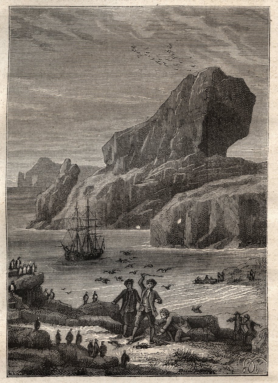 Dritte Reise (1776-1779) von Kapitän James Cook (1728-1779): die Kergueleninseln (Kerguelen-Archipel, Antarktis) - Illustration aus „Die großen Seefahrer des 18. Jahrhunderts“ von Unknown artist