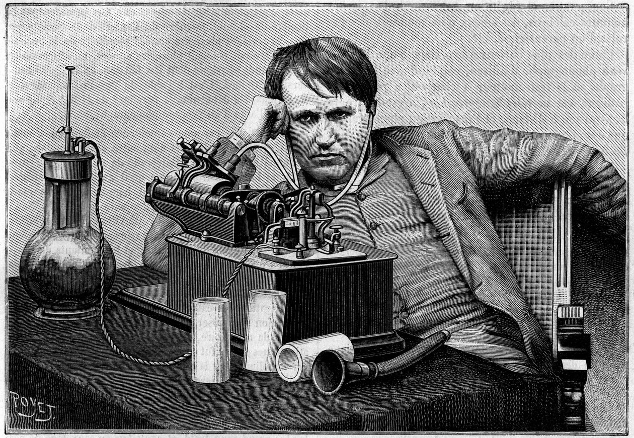 Thomas Edison (1847-1931), amerikanischer Physiker, in New York, hört das erste „Phonogramm“ aus England. (Nach einem Foto, das „La Nature“ von Colonel Gouraud übermittelt wurde). Stich in „La Nature: revue des sciences et de leurs applications aux arts“ von Unknown artist
