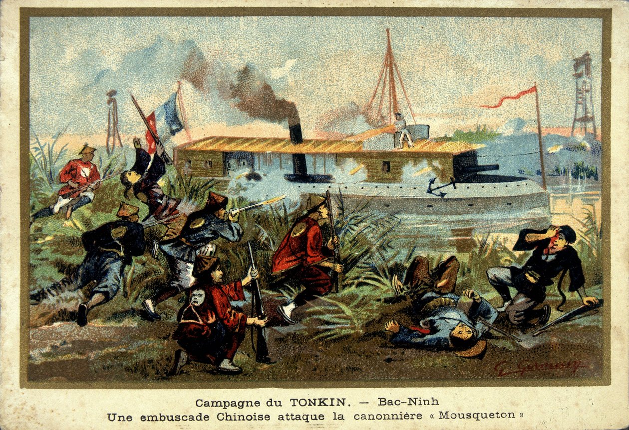 Tonkin-Kampagne: in Bac-Ninh greift ein chinesischer Hinterhalt das Kanonenboot „Carabiner“ an - Chromolithographie, Ende des 19. Jahrhunderts von Unknown artist