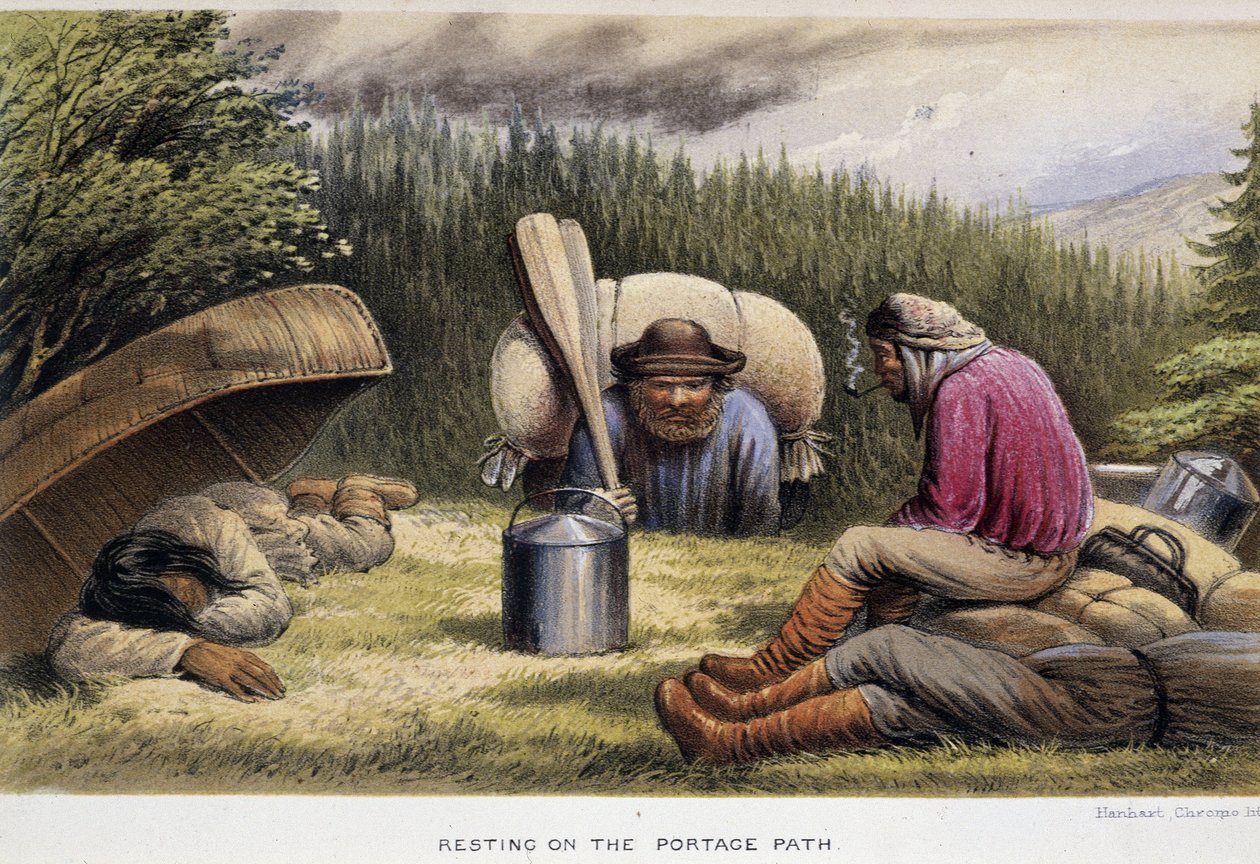 Transport von Lebensmitteln: „Rast auf dem Portage-Pfad“ - in „Exploration of the Labrador Peninsula“ von Hind, Henri Youle von Unknown artist