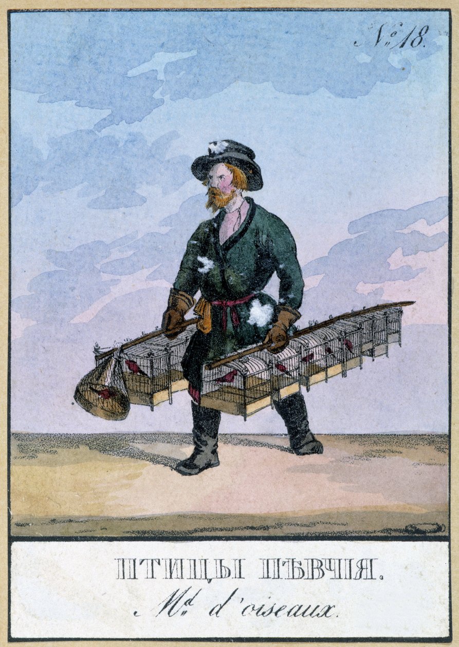 Reisender Vogelhändler - Gravur aus dem 19. Jahrhundert von Unknown artist