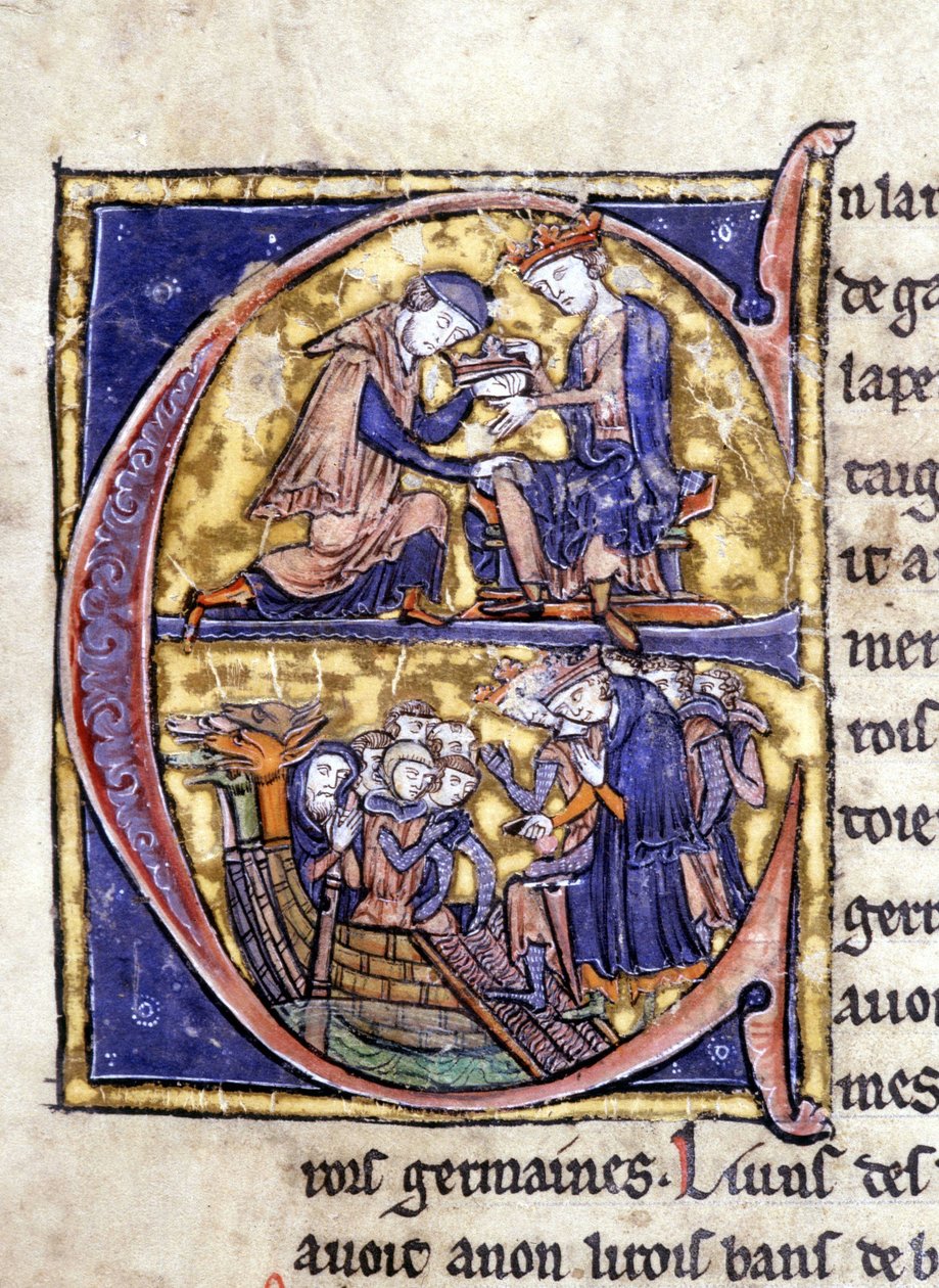 Zwei Könige der Bretagne: Bans de Berroye (Vater von Lancelot) und Boorz de Gaune. Manuskript: Eroberung des Heiligen Grals, geschrieben 717 Jahre nach der Passion unseres Herrn. Bibliothèque municipale de Rennes, ms. 255 (Sammlung von Romanen der Tafelrun von Unknown artist