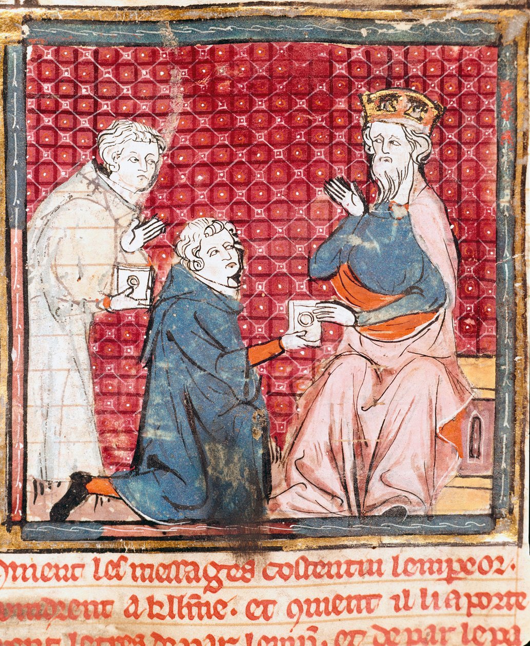 Zwei Boten verkünden Karl dem Großen den Sieg über die Sarazenen (Miniatur aus „Grandes Chroniques de France“) von Unknown artist