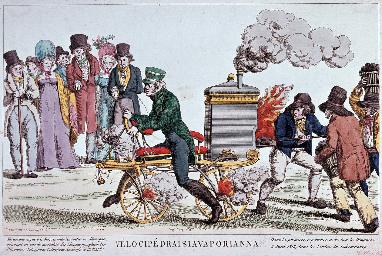 Velocipedraisiavaporianna: Dampfrad - Gravur um 1818, Bibl. der Stadt Paris von Unknown artist