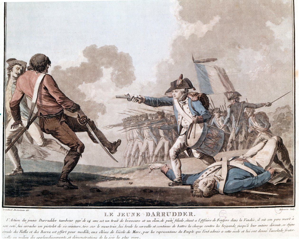 Aufstand der Vendée: der junge Darruder. Dies ist ein Beispiel für patriotischen Heldentum, da Darruder ein 14-jähriger Junge war, der die Waffe seines toten Vaters aufnahm, um seinen Mörder zu töten und den Kampf fortzusetzen. 1793. von Unknown artist