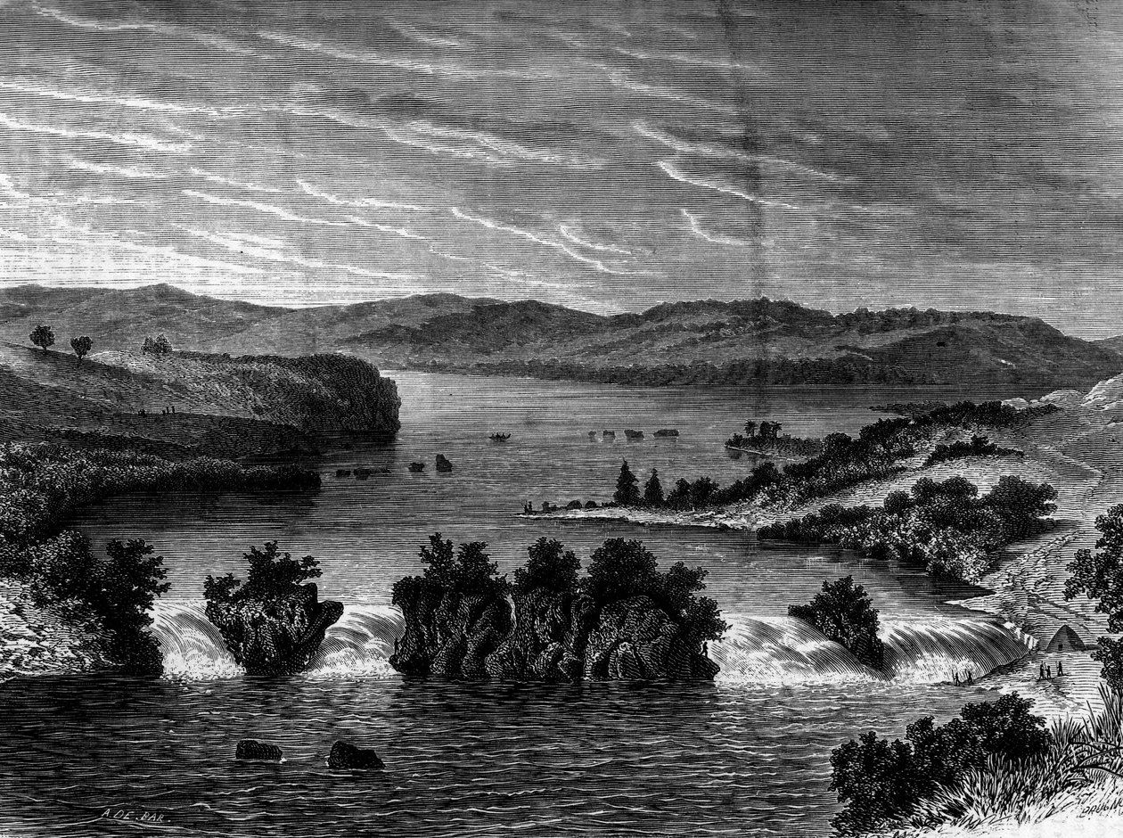 Ansicht des Viktoriasees, Afrika. Gravur im „Le Journal de la jeunesse“. von Unknown artist