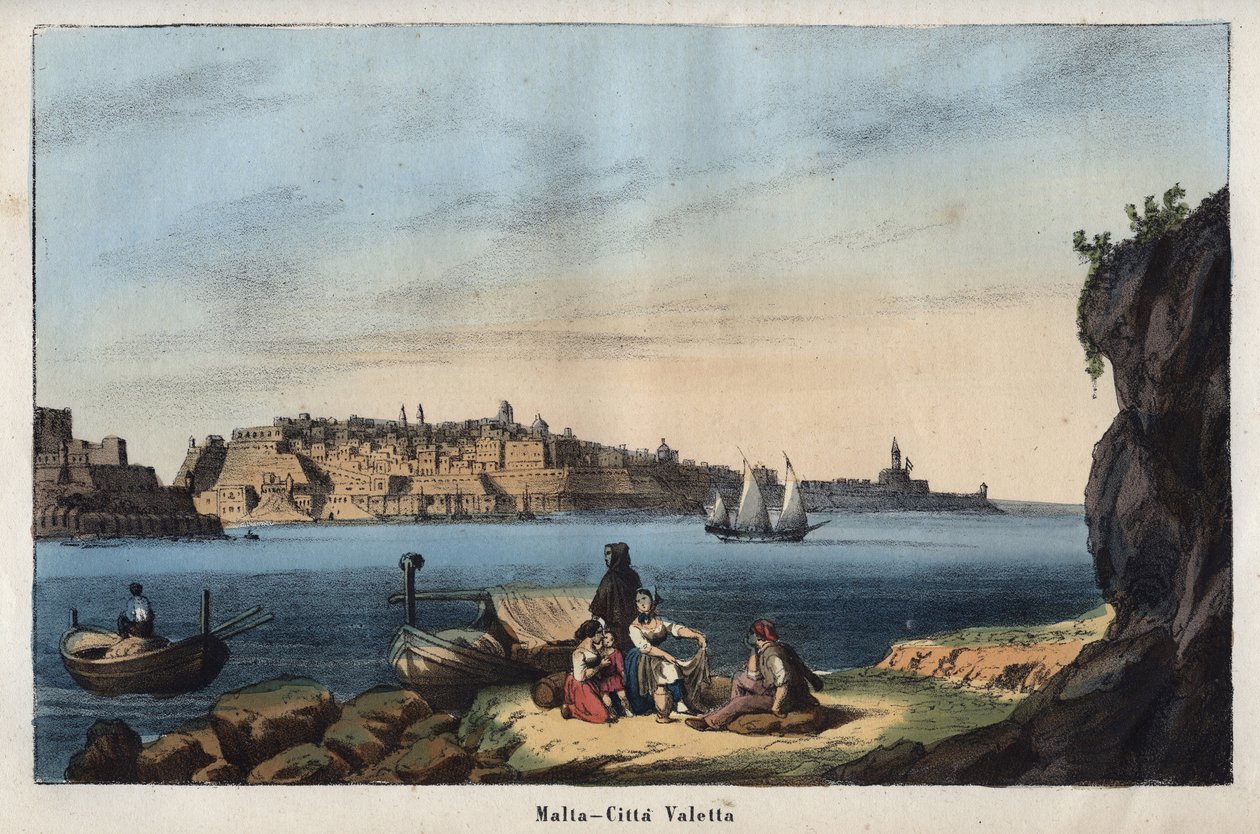 Ansicht von Valletta (Malta) im 19. Jahrhundert - Gravur aus „Usi e Costumi di Tutti i Popoli dell