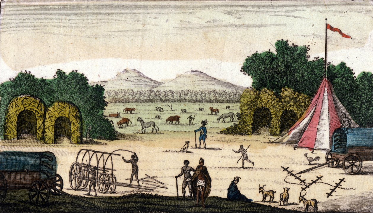 Ansicht eines niederländischen Lagers (von Pionieren, Buren oder Voortrekkern, Afrikanern) in Pampoen Kraal, Kap-Provinz, Südafrika. 1860 von Unknown artist