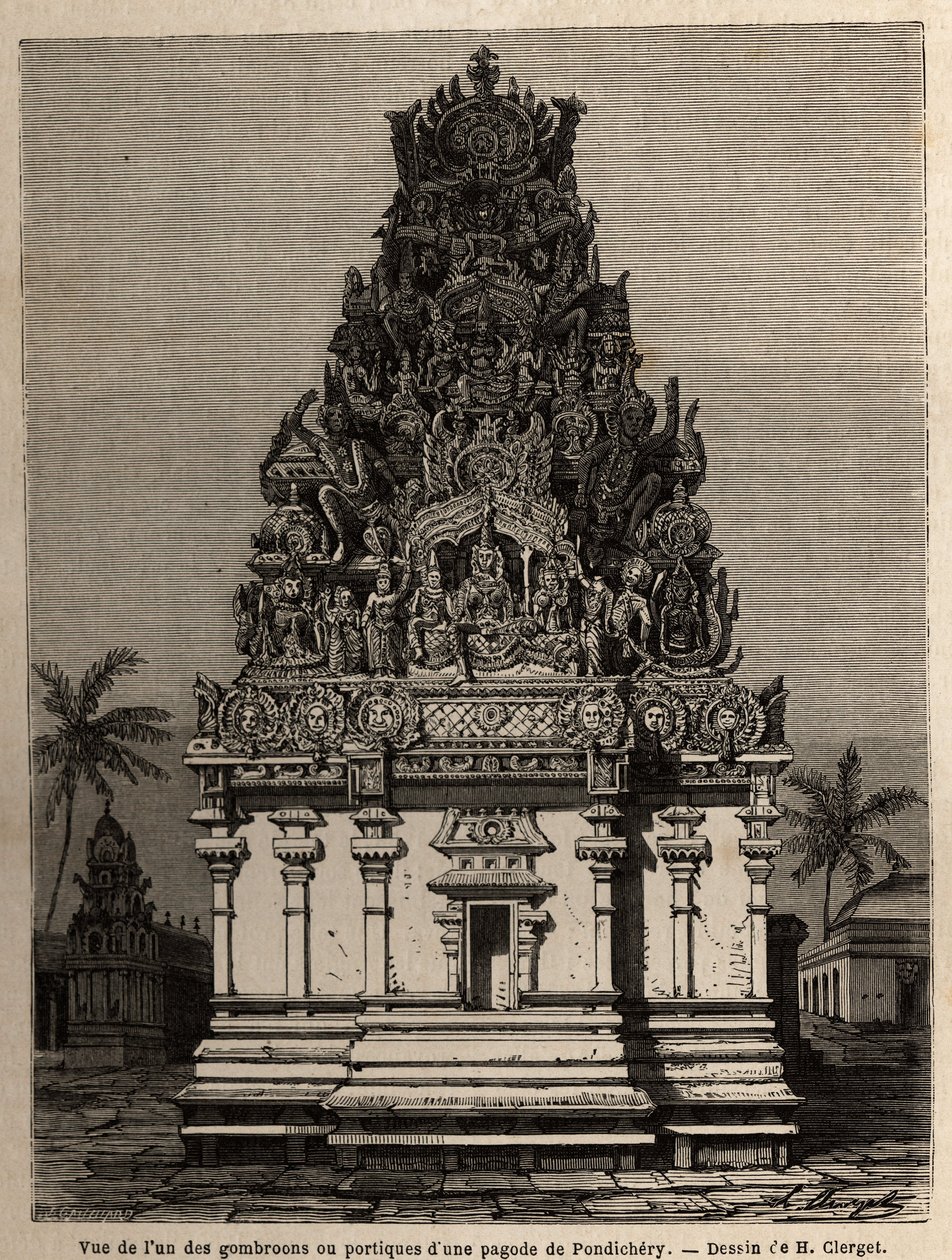 Ansicht eines der Gombroons oder Portiken einer Pagode in Pondichery (Indien). Illustration einer Expedition zur Pagode von Chillambaran (Coromandelküste), 1838-1844, von Konteradmiral Paris, Direktor des Depot des Karten von Unknown artist