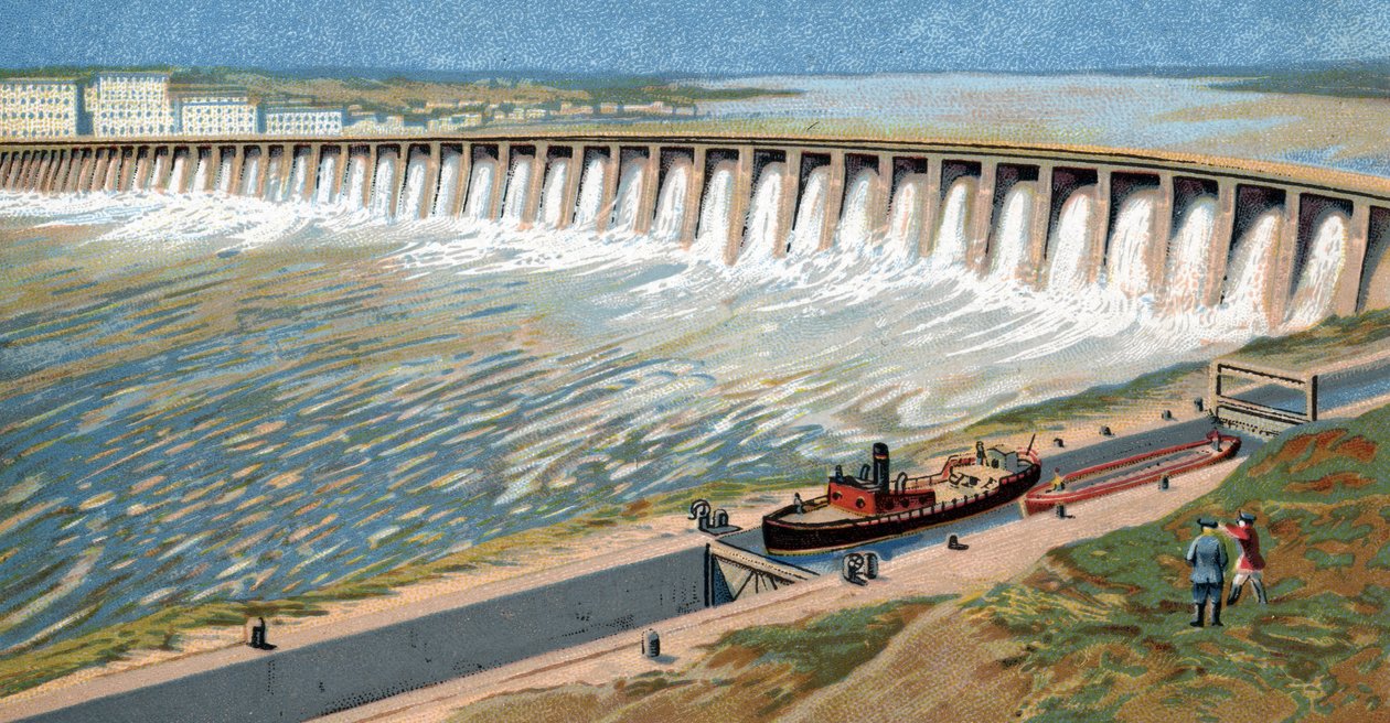 Ansicht des Dnepr-Wasserkraftwerks oder Dneprostroi-Damms, gebaut zur Förderung der sowjetischen Industrialisierung durch Iosef Stalin im Jahr 1932, Chromolithographie von Unknown Artist