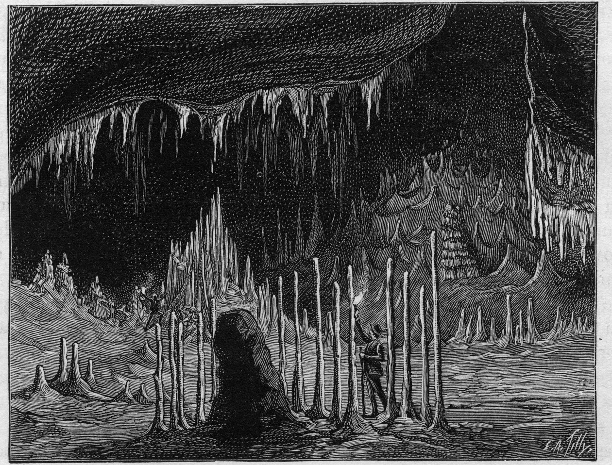Ansicht der „Halle der Kirche“ in der Höhle von Dargilan (Lozère). Gravur in „La Nature. Revue des sciences et de ses applications aux arts et à l