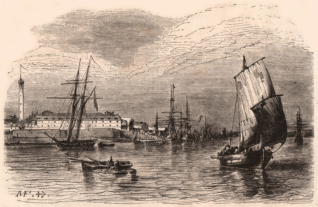 Ansicht des Hafens von Lorient, Morbihan, Bretagne, Frankreich: Segelboote und Boot im Vordergrund, Hafenanlagen und Leuchtturm im Hintergrund von Unknown