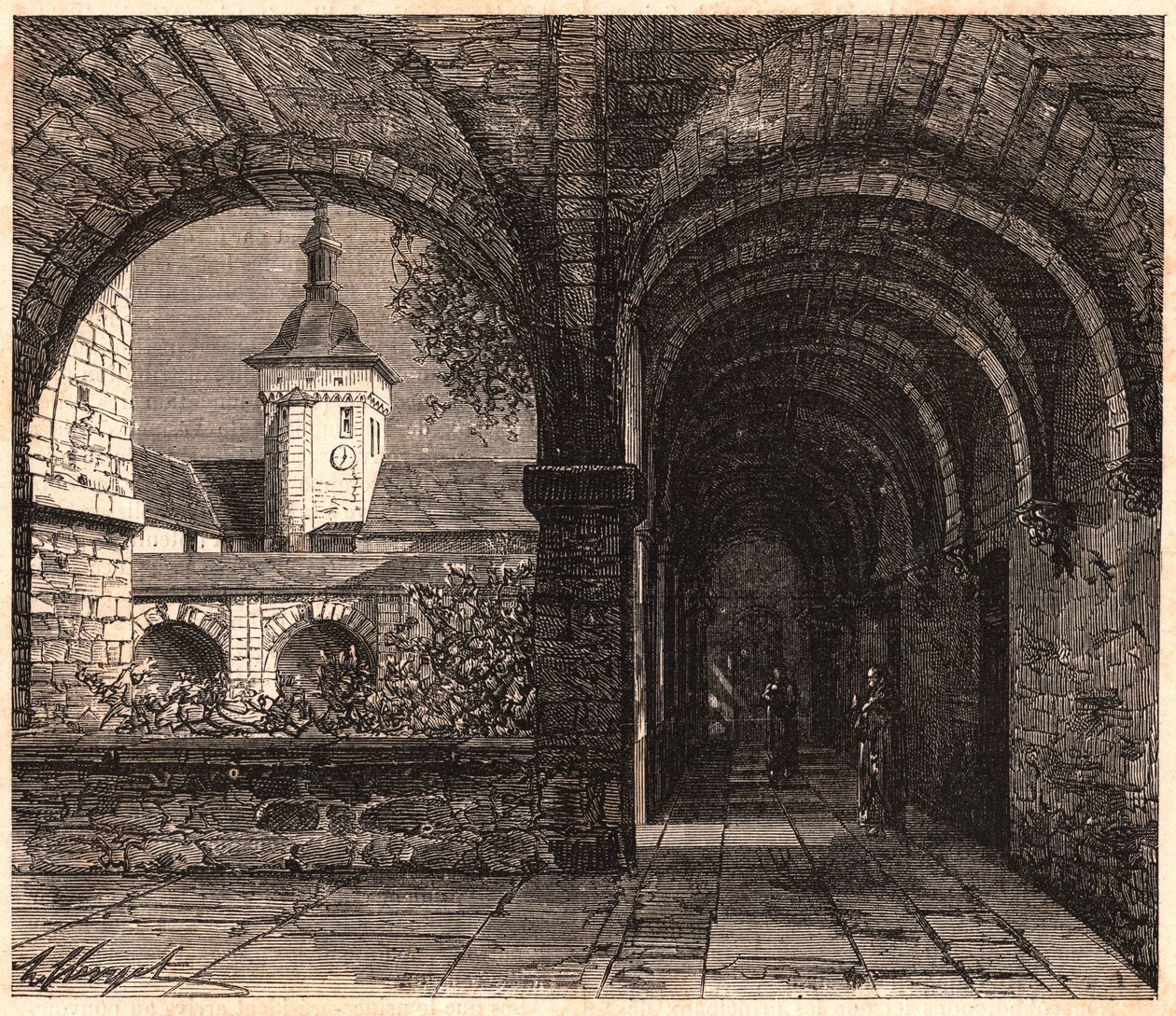 Blick auf den Kreuzgang der Abtei von Solesmes von der Galerie, Sarthe, Frankreich von Unknown