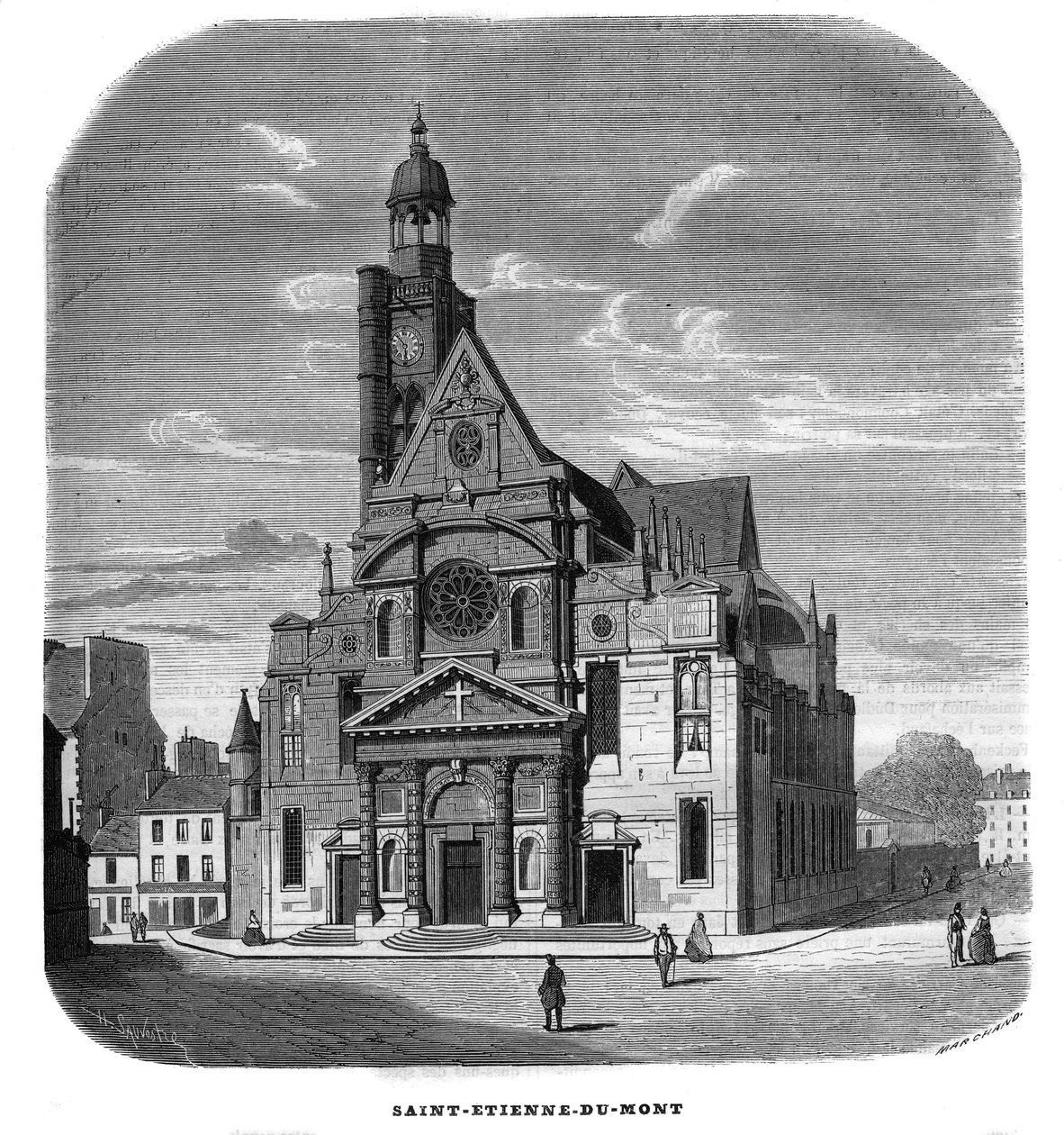 Ansicht der Fassade der Kirche Saint-Etienne-du-Mont, Place Sainte-Genevieve in Paris im 5. Arrondissement im Jahr 1858 von Unknown artist