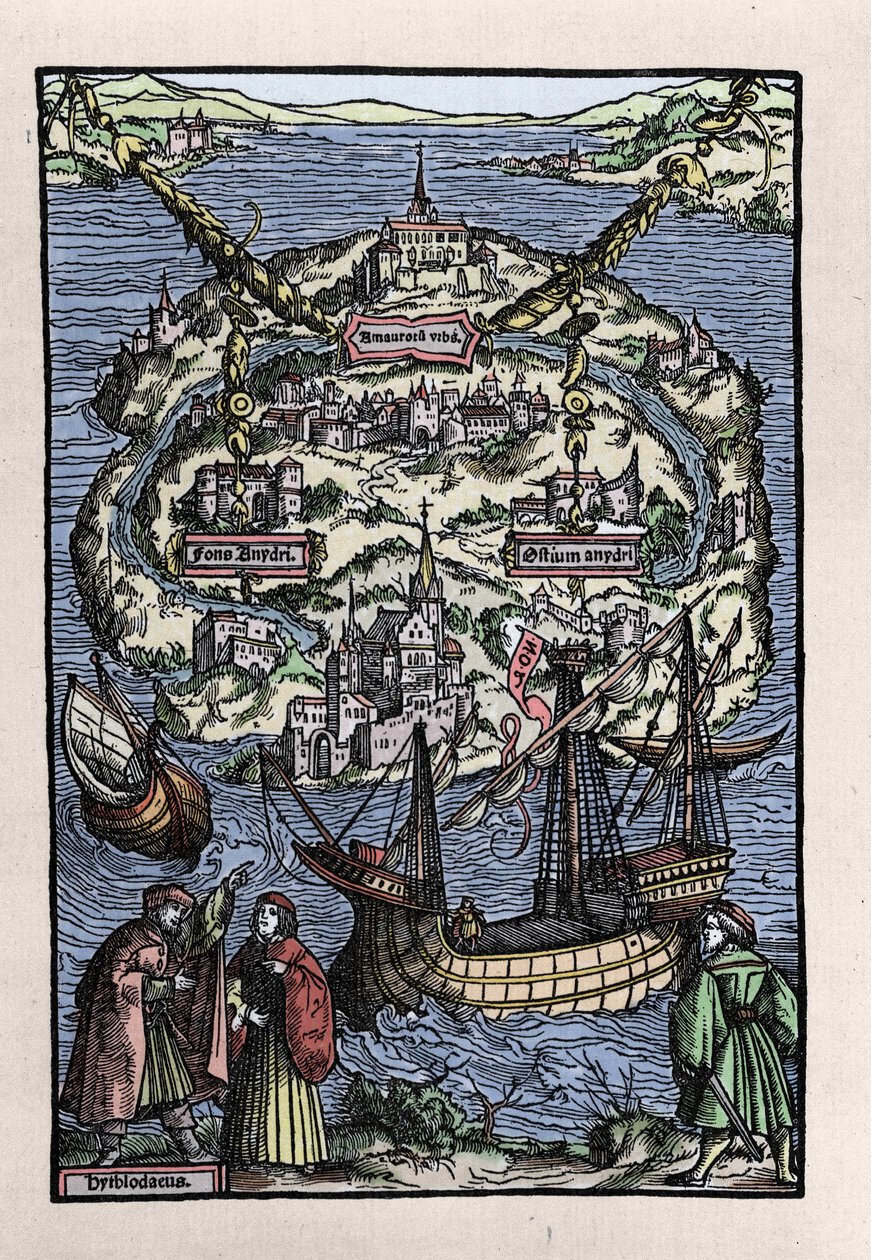 Ansicht der Insel Utopia aus dem Buch von Thomas More (1478-1535), „De optimo reipublicae statu deque nova insula Utopia“. Graviert von Johann Froben. 1518 von Unknown artist