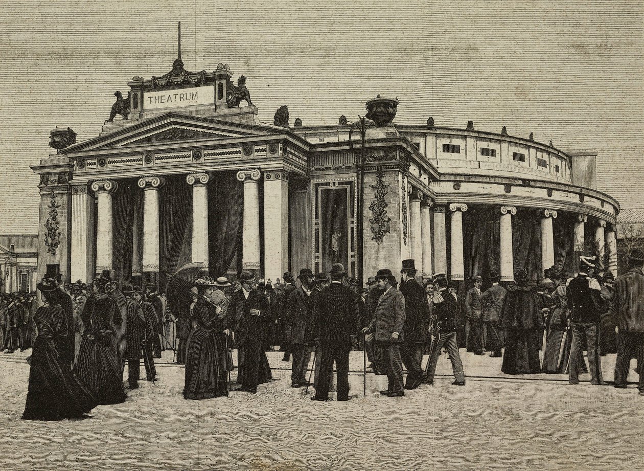Besucher vor dem Teatro Pompeiano bei den United Exhibitions, Mailand, Italien, Gravur nach einem Foto von Treves Brüder aus L