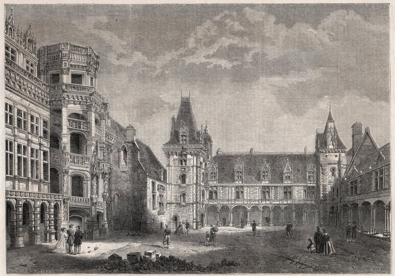 Außenansicht des Schlosses von Blois mit der monumentalen Treppe - Gravur in „Le Monde Illustré“ von Unknown artist