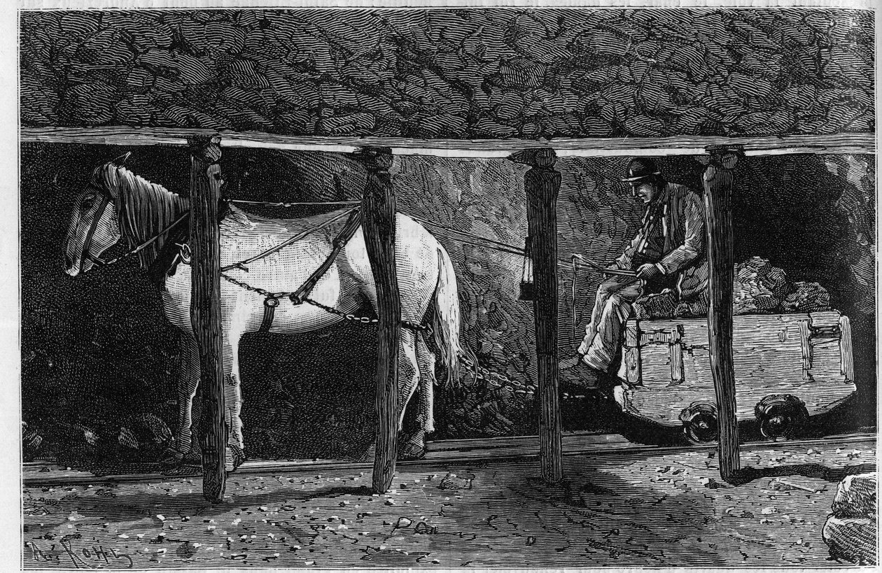 Ein Wagen wird in den Kohleminen von Wales eingesetzt. Gravur in „Le journal de la jeunesse“ von Unknown artist