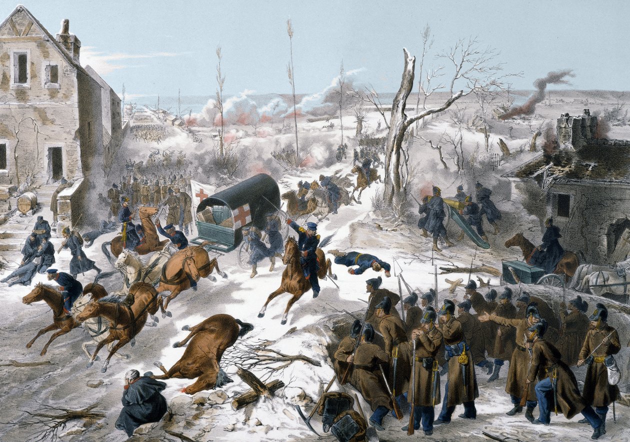 Krieg von 1870 zwischen Frankreich und Preußen: Rotes Kreuz während der Schlacht von Bapaume im Pas de Calais am 2. und 3. Januar 1871, die den Sieg der Nordarmee unter General Faidherbe gegen die Preußen sah von Unknown artist