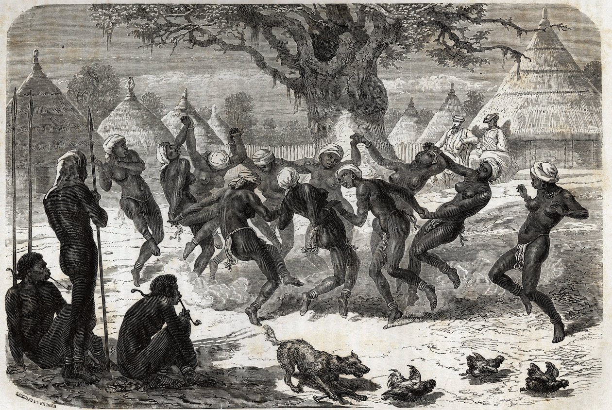 Willkommenstanz der Frauen des Stammes, bei der Rückkehr von Baker und seiner Frau vom Albertsee (Albert Nyanza). Gravur zur Illustration der Reise zum Albertsee, in den Jahren 1861-1864, von Sir Samuel White Baker, in „Le tour du monde, nouveau journal de von Unknown artist