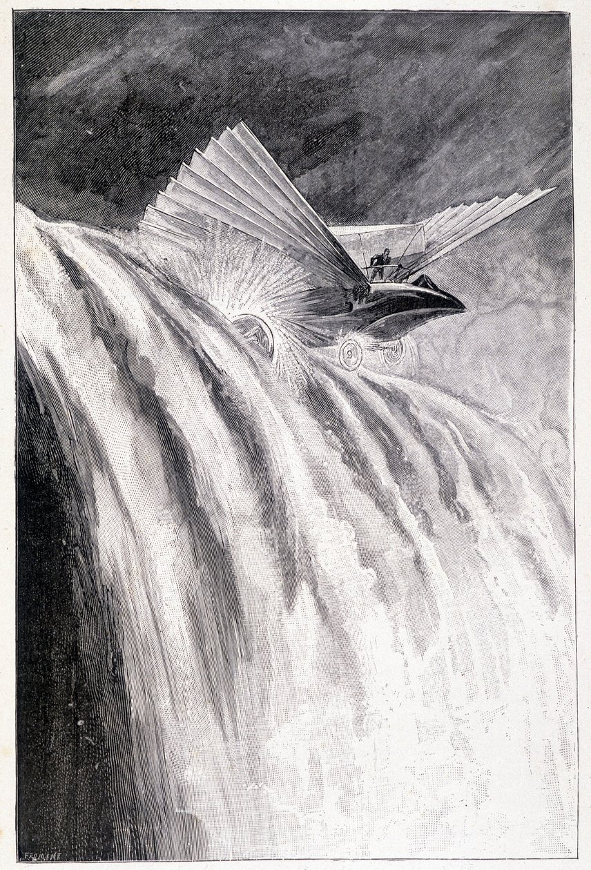 Geflügeltes Fahrzeug überquert einen Wasserfall, Ill. „Der Herr der Welt“, Jules Verne, Ende des 19. Jahrhunderts von Unknown artist