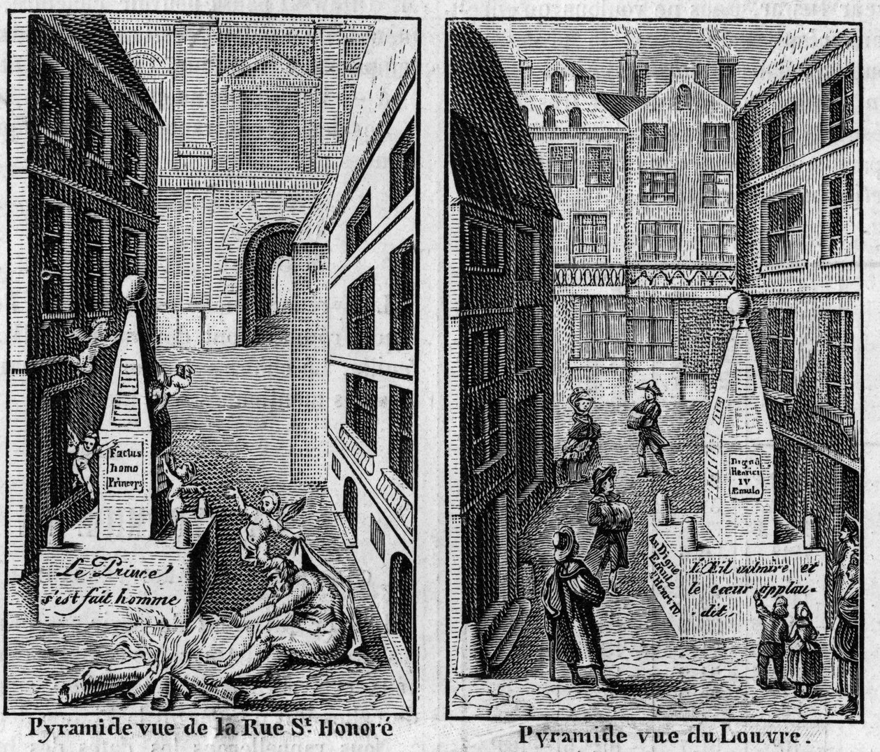Winterpyramide 1784 in Paris. Faksimile von zwei Drucken, veröffentlicht in „La Pyramide de neige“, Almanach von 1786. Gravur in „La Nature: revue des sciences et de leurs applications aux arts et a l