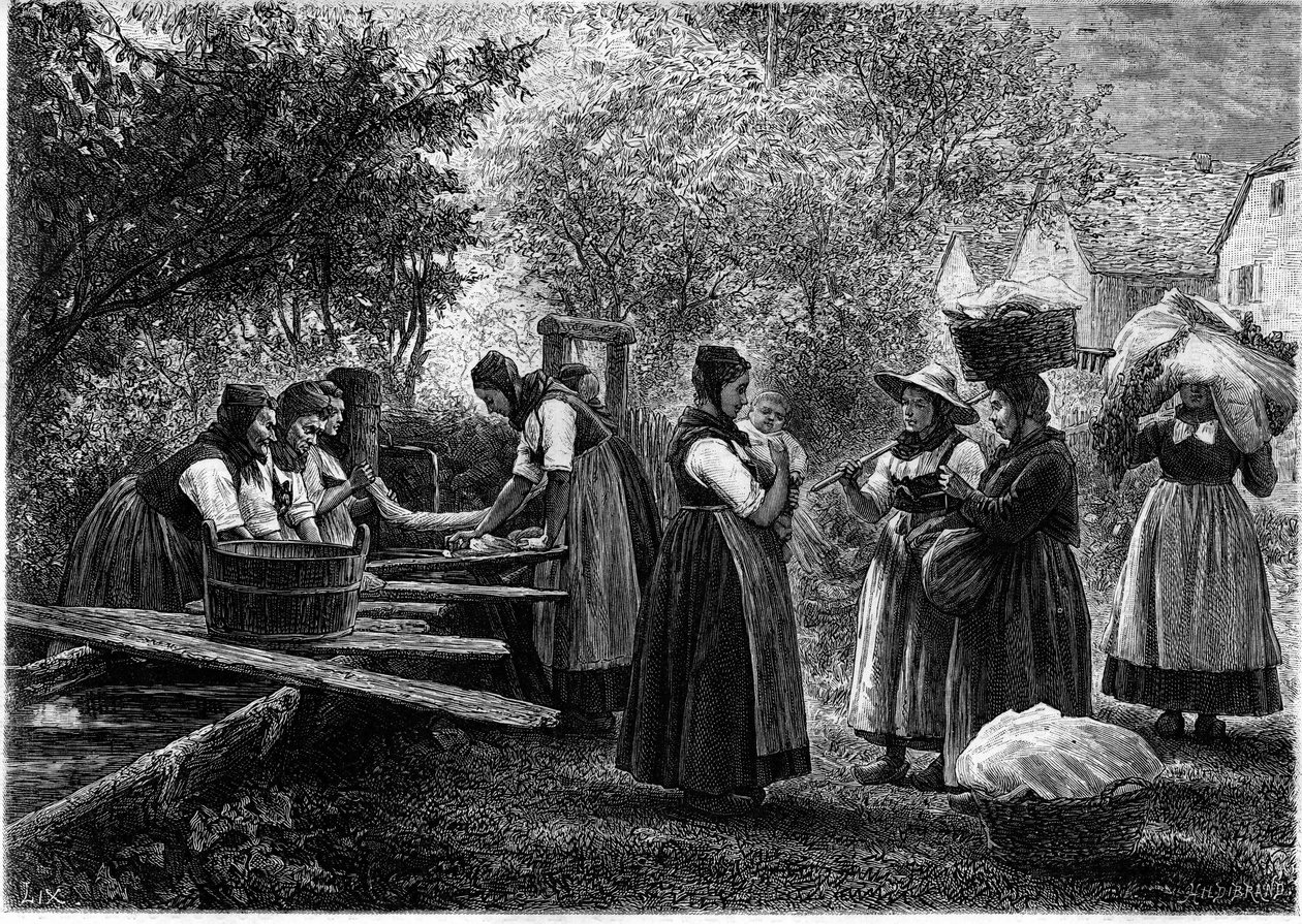 Frauen waschen Wäsche im Elsass. Gravur im illustrierten Journal „La jeunesse“ von Unknown artist