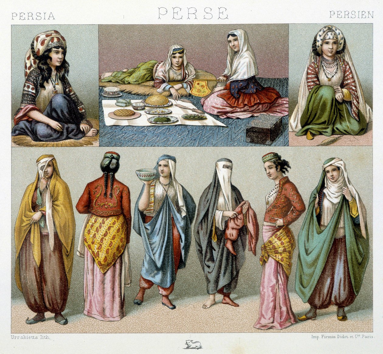 Frauenmahlzeit und weibliche Kostüme in Persien - in „Le costume historique“ von Racinet von Unknown artist