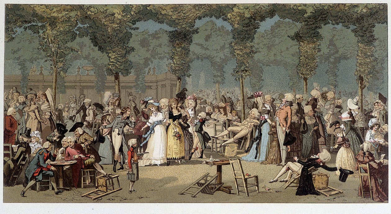 Weltspaziergang durch die Gärten des Königspalastes, spätes 18. Jahrhundert - Chromo nach der Gravur von Debucourt von Unknown artist