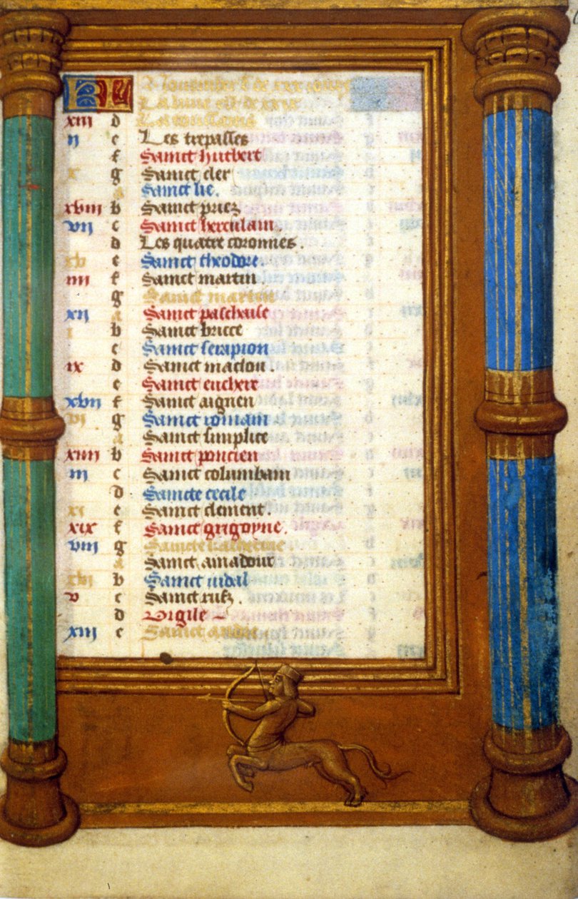 Tierkreiszeichen Schütze und Heilige des Monats November - Miniatur des Mittelalters (Ref.: 135, 006r): Genehmigung der Stadtbibliothek Toulouse einholen (Tel.: 05 62 27 66 66) von Unknown artist