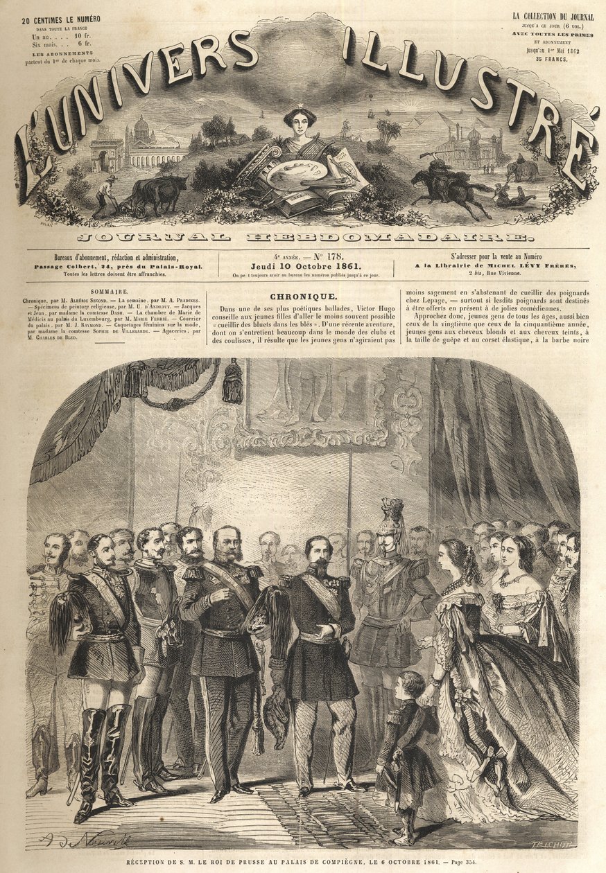 Der Besuch von Wilhelm, dem König von Preußen, bei Napoleon III., dem Kaiser der Franzosen, in Compiègne, Frankreich 1861 - Besuch von Wilhelm I. von Preußen (1797-1888) in Compiègne in Anwesenheit von Napoleon III. - Gravur aus „Das illustre Universum“ von Unknown artist