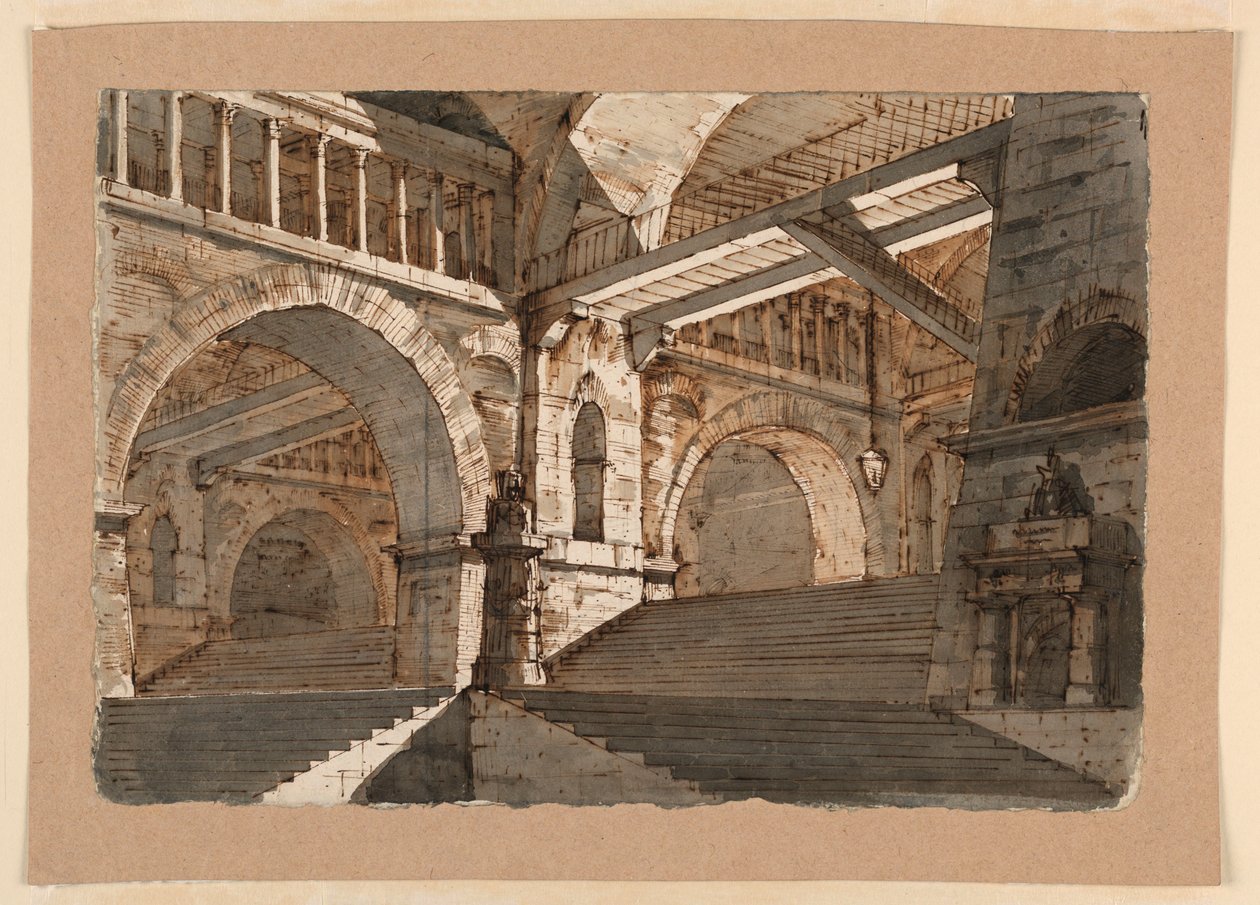 Zeichnung, Bühnenbild, Unterirdische Treppen und Galerien eines befestigten Palastes, ca. 1800 von Unknown artistUnknown artist