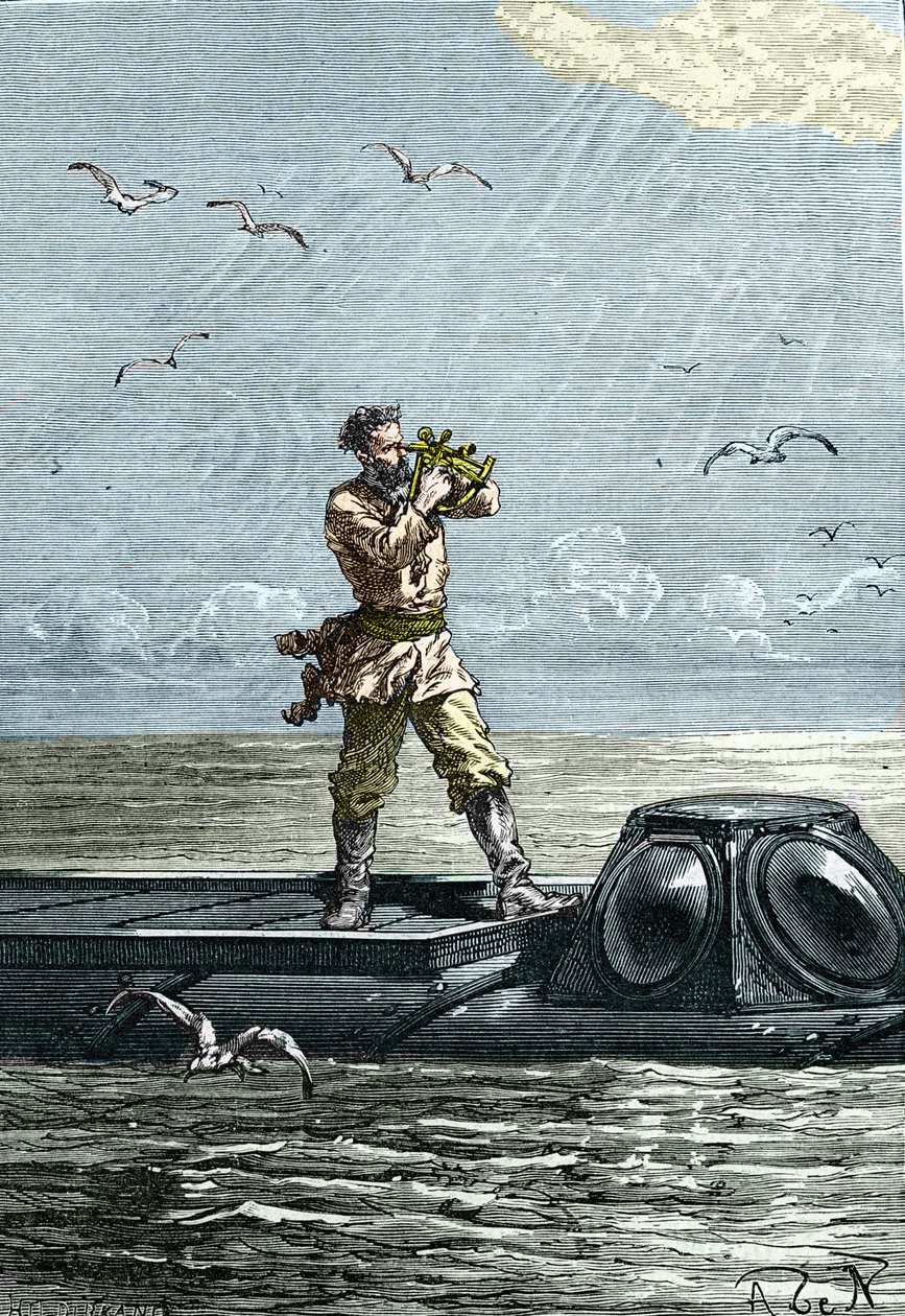 20.000 Meilen unter dem Meer. Kapitän Nemo auf dem U-Boot „Nautilus“. Illustration aus dem Roman von Jules Verne „Zwanzigtausend Meilen unter dem Meer“ von Unknown artist
