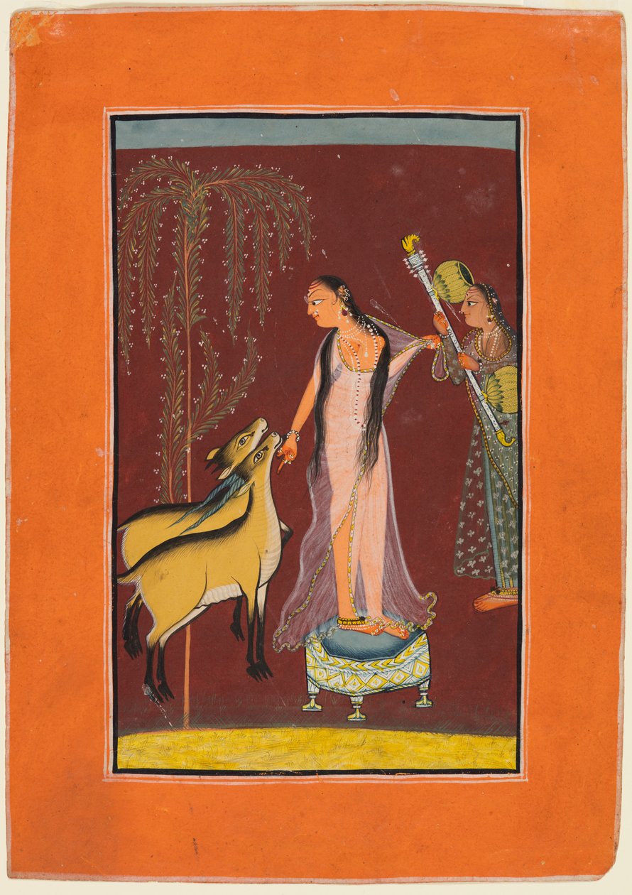 Eine Dame mit Dienerin und einem Paar Hirsche: Wahrscheinlich Gujari Ragini von Dipak, aus einer Pahari Ragamala von Unknown artist