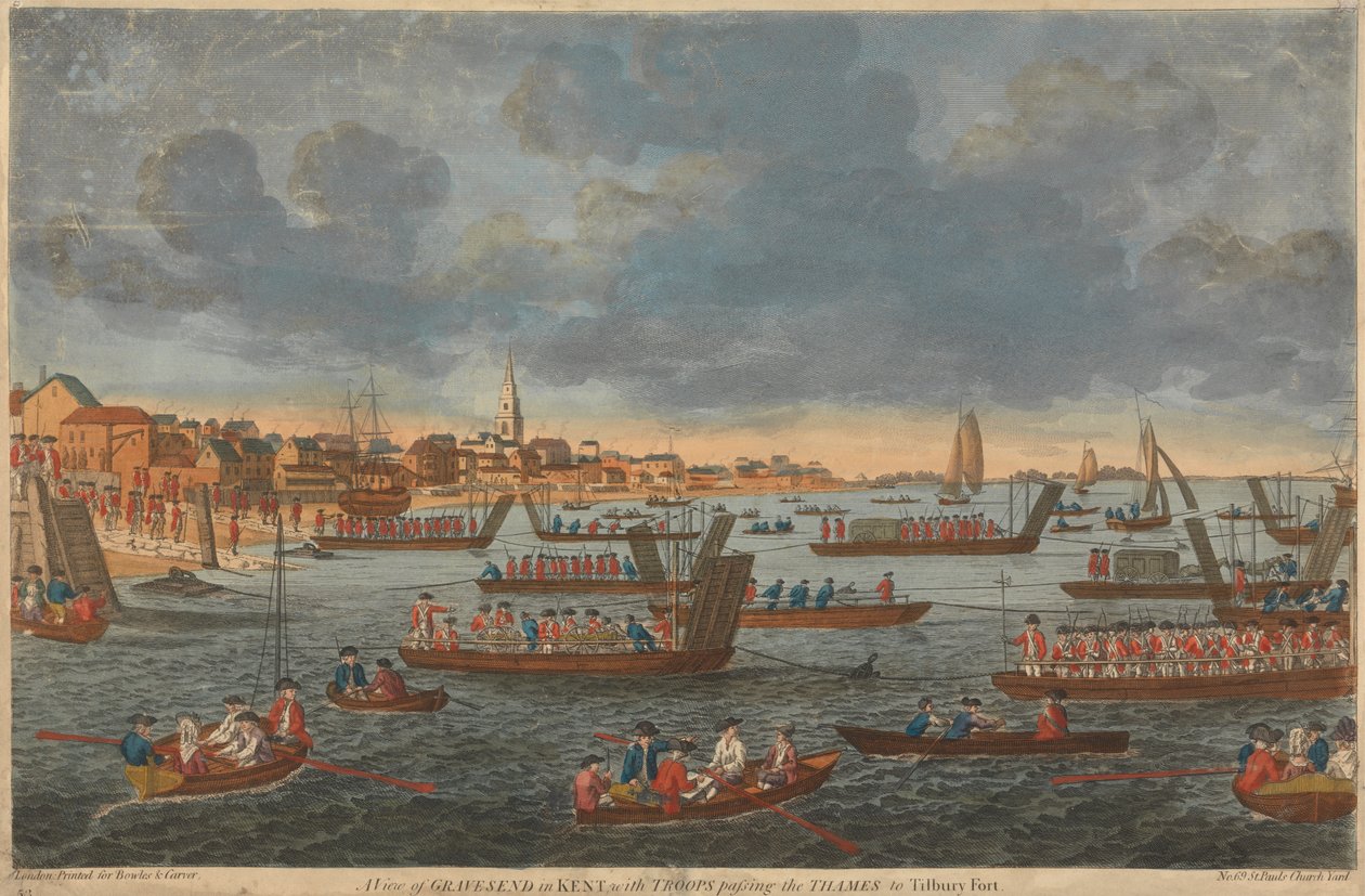 Eine Ansicht von Gravesend in Kent, mit Truppen, die die Themse nach Tilbury Fort überqueren von Unknown artist