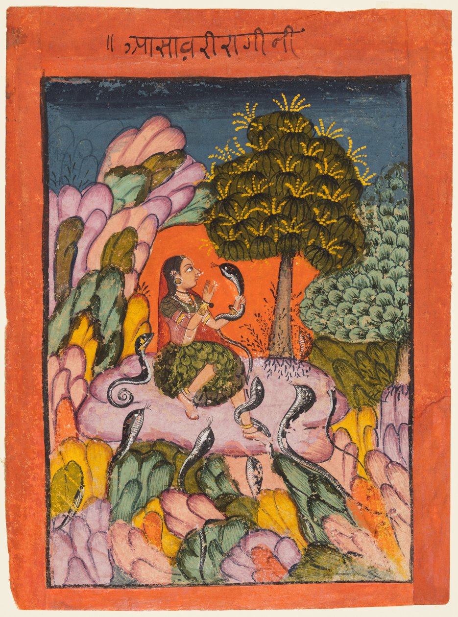 Eine Frau bezaubert Schlangen in der Wildnis: Asavari Ragini, aus einer Ragamala von Unknown artist