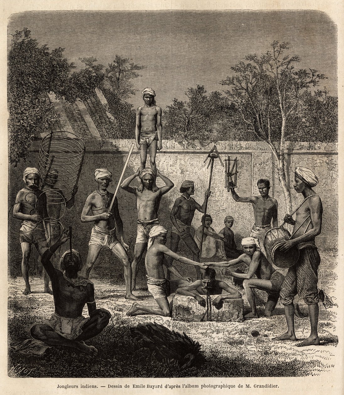 Eine Gruppe indischer Jongleure. Gravur zur Illustration der Reise in die südlichen Provinzen Indiens, von Alfred Grandidier, 1862-1864, veröffentlicht in „le tour du monde“, unter der Leitung von D