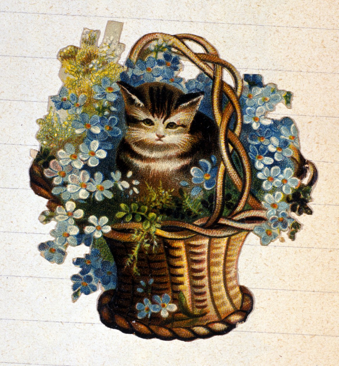 Eine Katze in einem Korb mit Blumen. Chromolithographie des 19. Jahrhunderts von Unknown artist