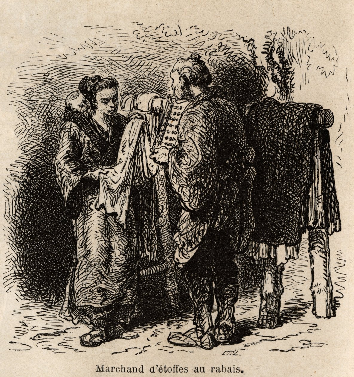 Ein Rabattstoffhändler bietet einer jungen Frau, die ihr Kleinkind auf dem Rücken trägt, seine Ware an. Gravur zur Illustration der Reise nach Japan, von Aime Humbert, Minister der Schweizerischen Eidgenossenschaft, 1863-1864, veröffentlicht in „Le tour du von Unknown artist