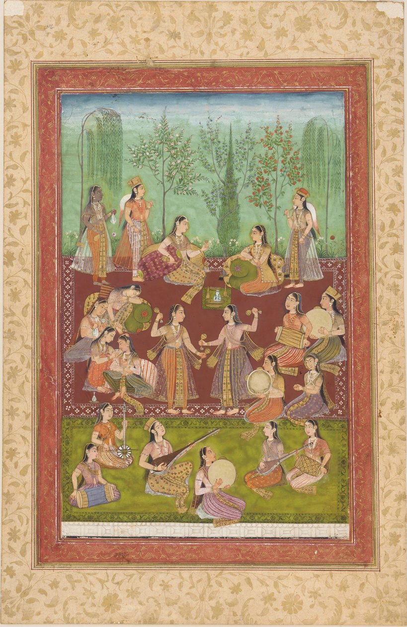 Eine Gruppe von Frauen in einem Garten, die sich mit Musik und Tanz vergnügen von Unknown artist