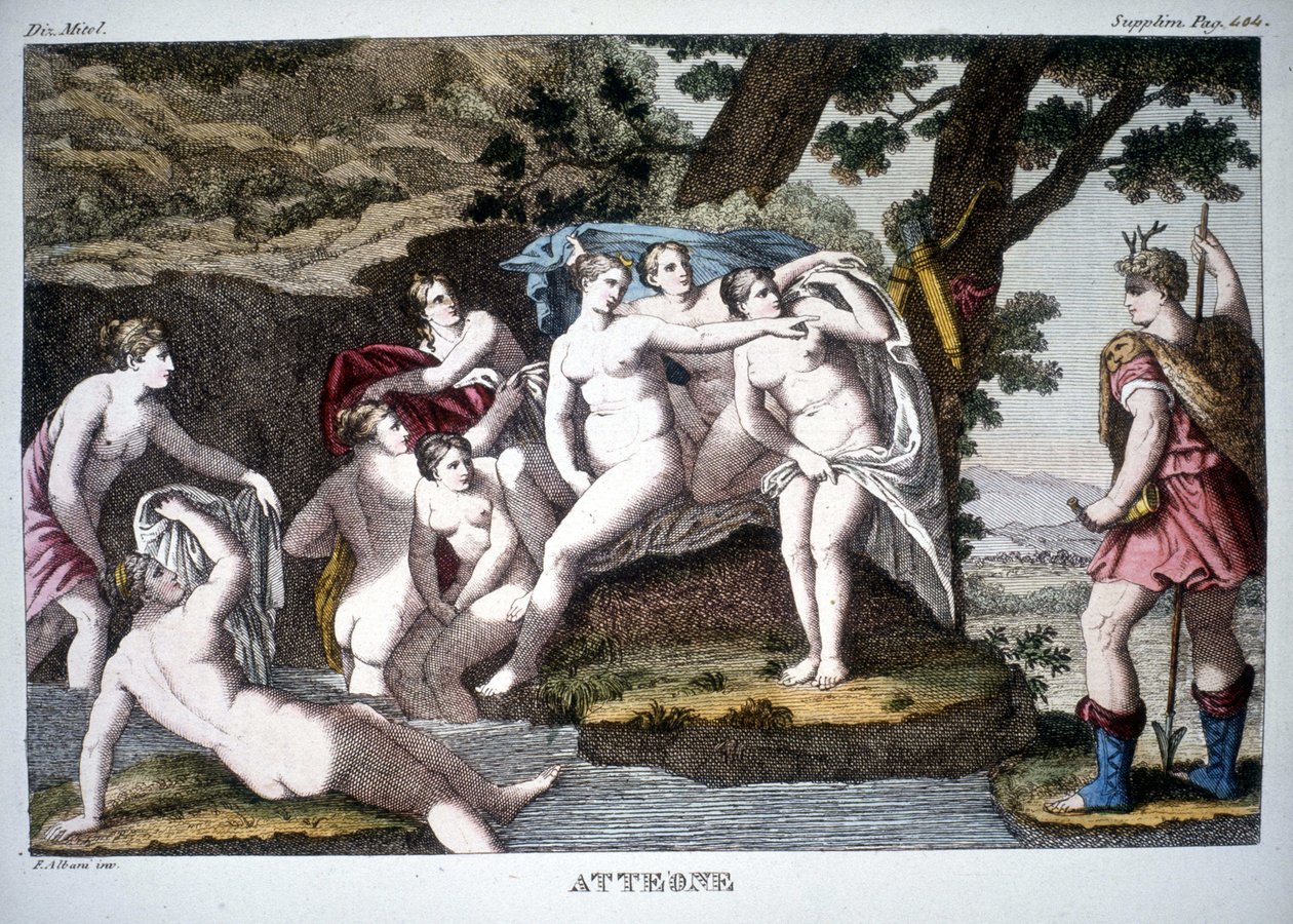 Acteon wird in einen Hirsch verwandelt - in Dizionario mitologico von Unknown artist