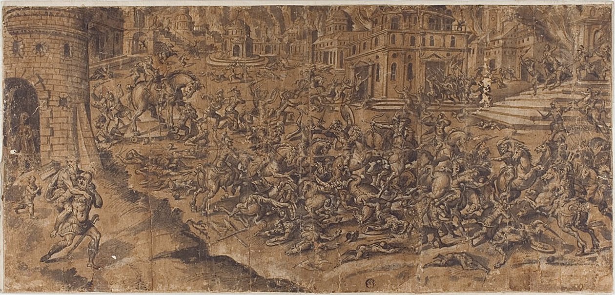 Aeneas verlässt die brennende Stadt Troja von Unknown artist