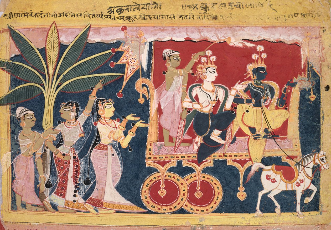 Akrura fährt Krishna und Balarama nach Mathura (Isarda Bhagavata Purana) von Unknown artist