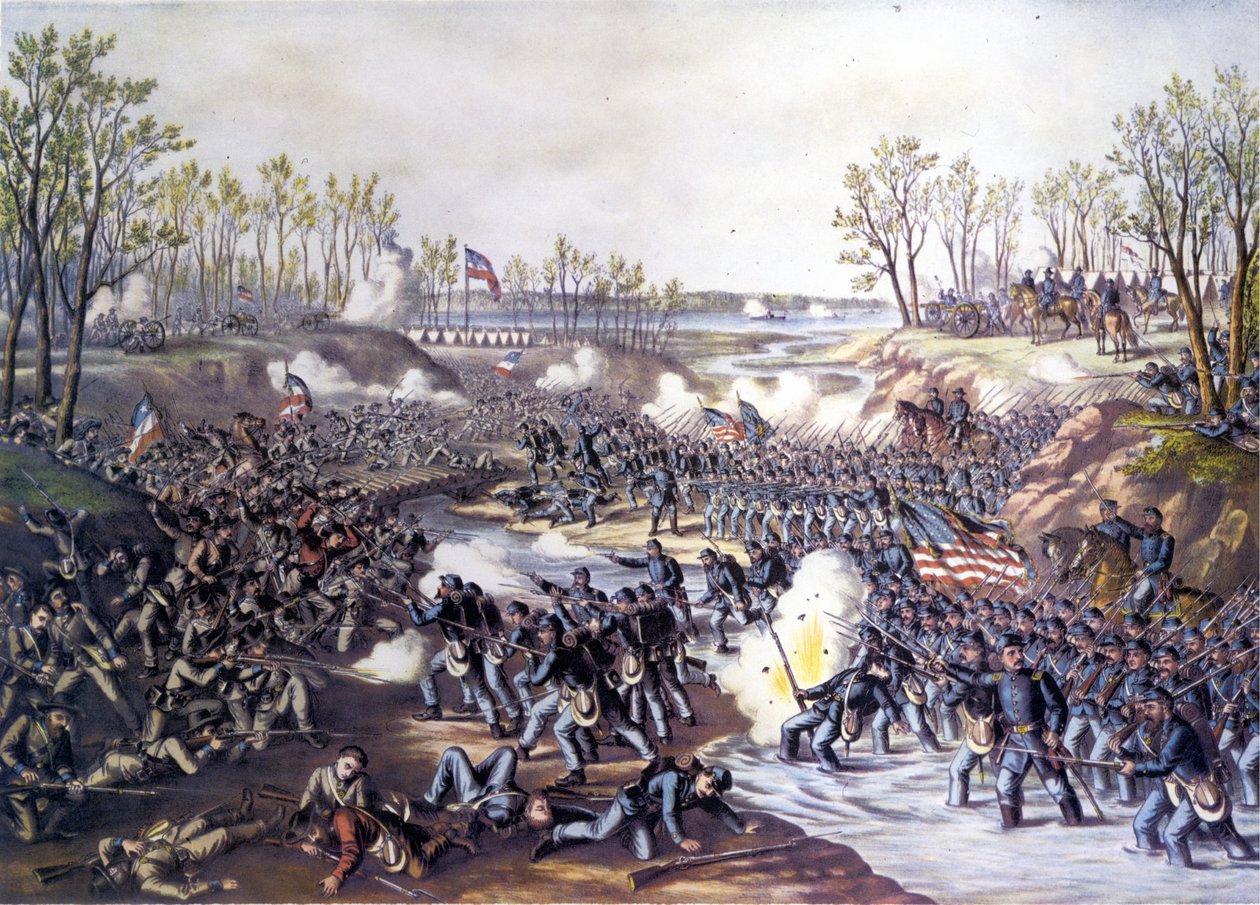 Amerikanischer Bürgerkrieg (1861 - 1865): Schlacht von Shiloh oder Pittsburg Landing (Tennessee) 06-07 April 1862. Gravur des 19. Jahrhunderts. von Unknown artist