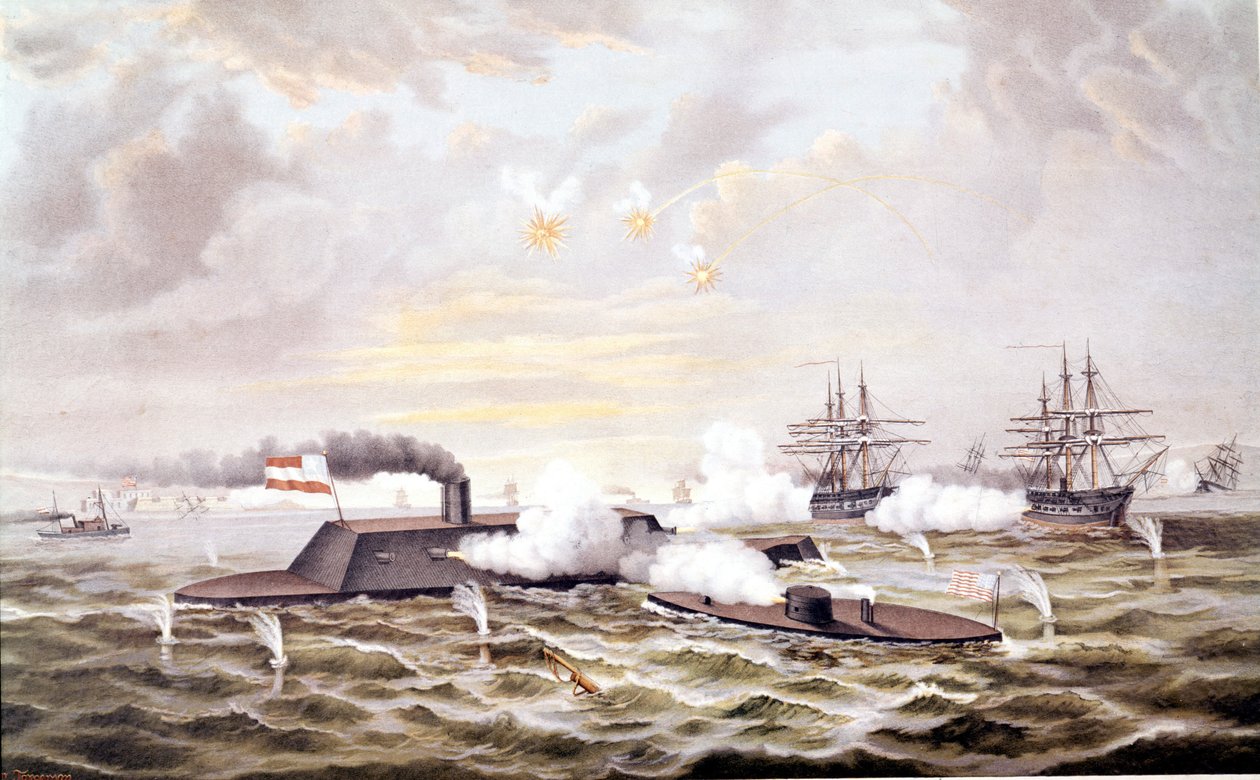Amerikanischer Bürgerkrieg (1861 - 1865): Seeschlacht von Hampton Roads (Virginia) 08-09 März von Unknown artist