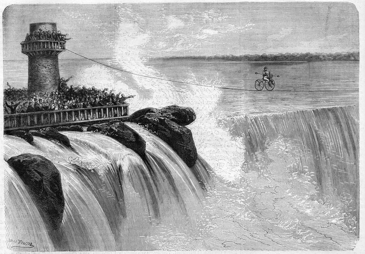 Amerikaner Jenkins überquert die Niagarafälle auf einem Velociped im Jahr 1869 von Unknown artist